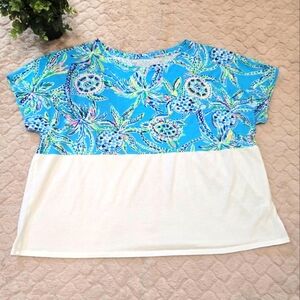 Lilly Pulitzer Bermuda Blue Turtle Colorblock Cropped Top, Size XXL
